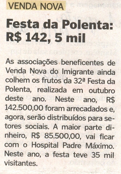 Festa da Polenta: R$ 142,5 Mil